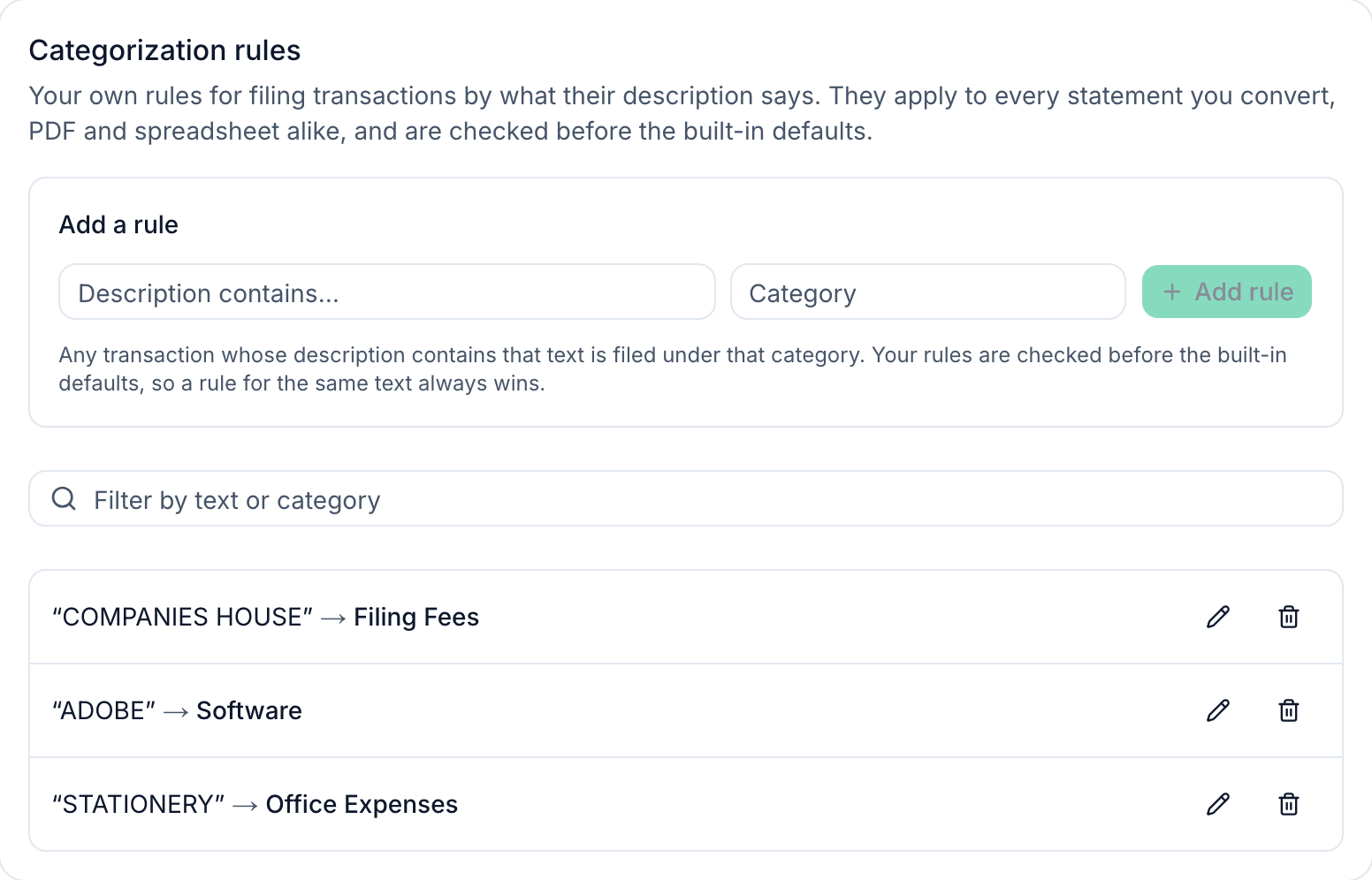 The Categorization rules page: an Add a rule form with “Description contains” and “Category” fields, a filter box, and three saved rules — “COMPANIES HOUSE” to Filing Fees, “ADOBE” to Software and “STATIONERY” to Office Expenses — each with edit and delete buttons.