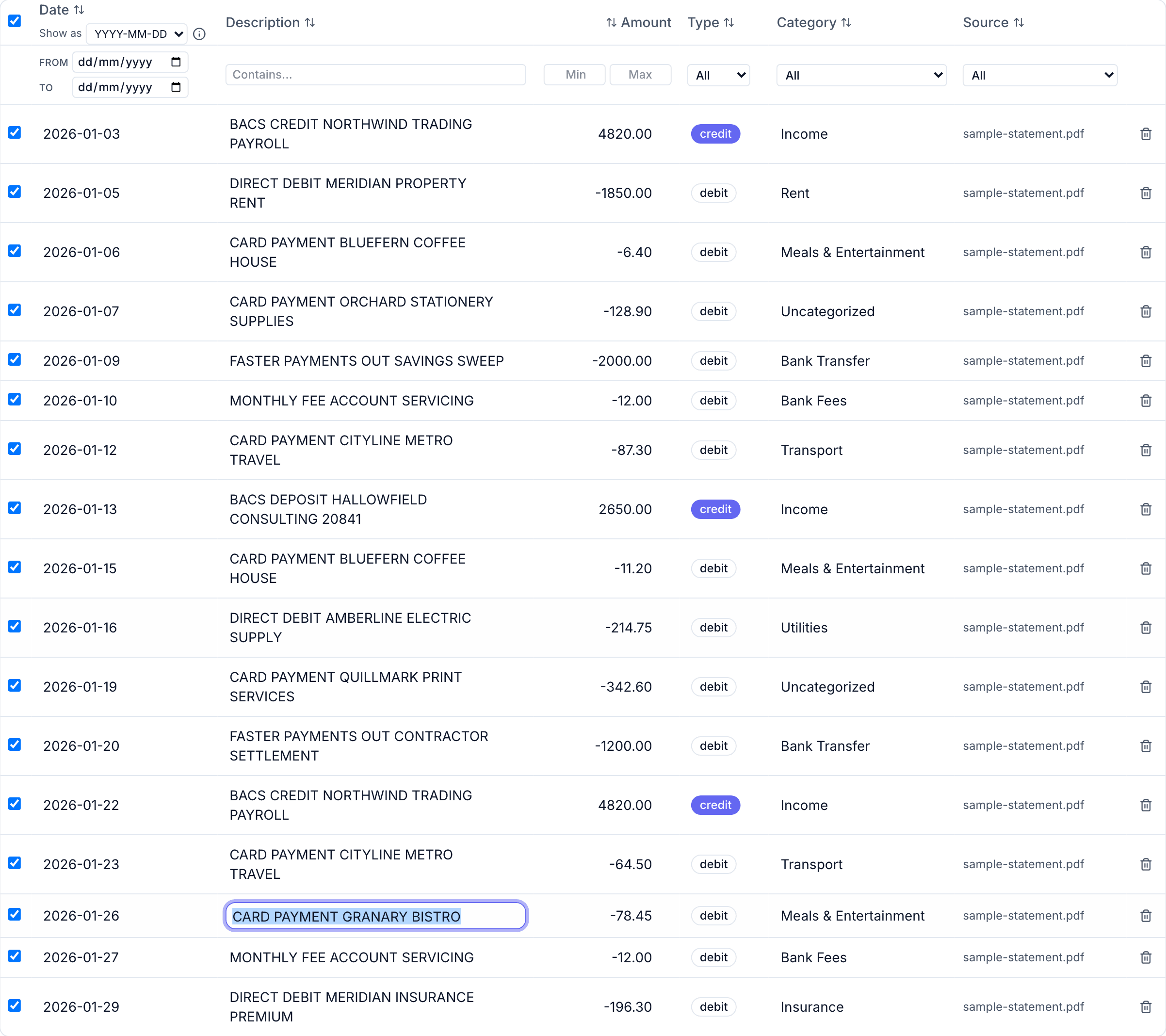 The transaction table with one description cell open as a text input, mid-edit, alongside per-column filters, row tickboxes and a delete control on each row.