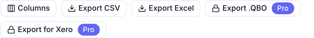 The export buttons: Columns, Export CSV, Export Excel, Export .QBO (Pro) and Export for Xero (Pro).