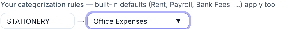Adding a categorization rule: text to match STATIONERY, category Office Expenses.